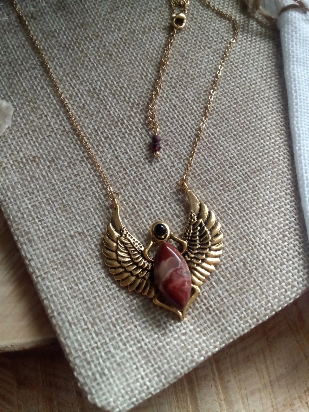 Winged Egyptian scarab beetle necklace with red jasper stone and black obsidian stone – photo 2